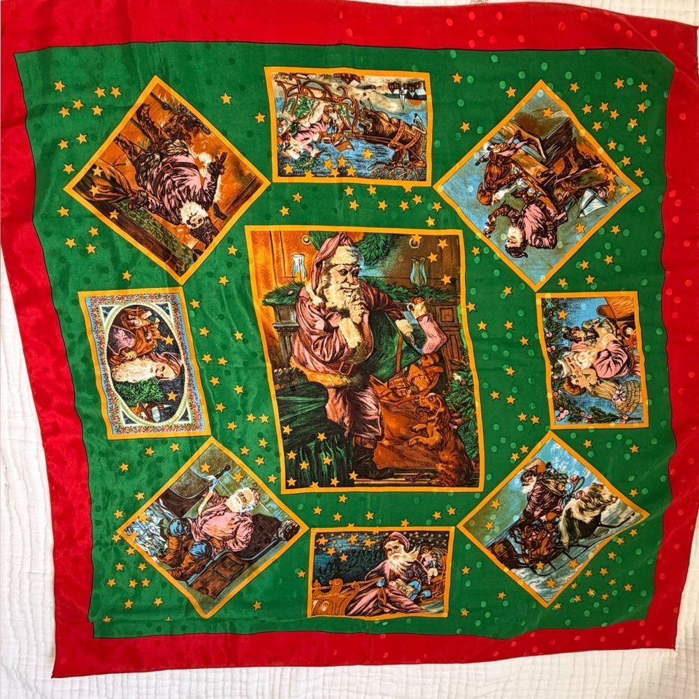 Vintage Santa Christmas Scarf Holiday Print Red Green Square Retro